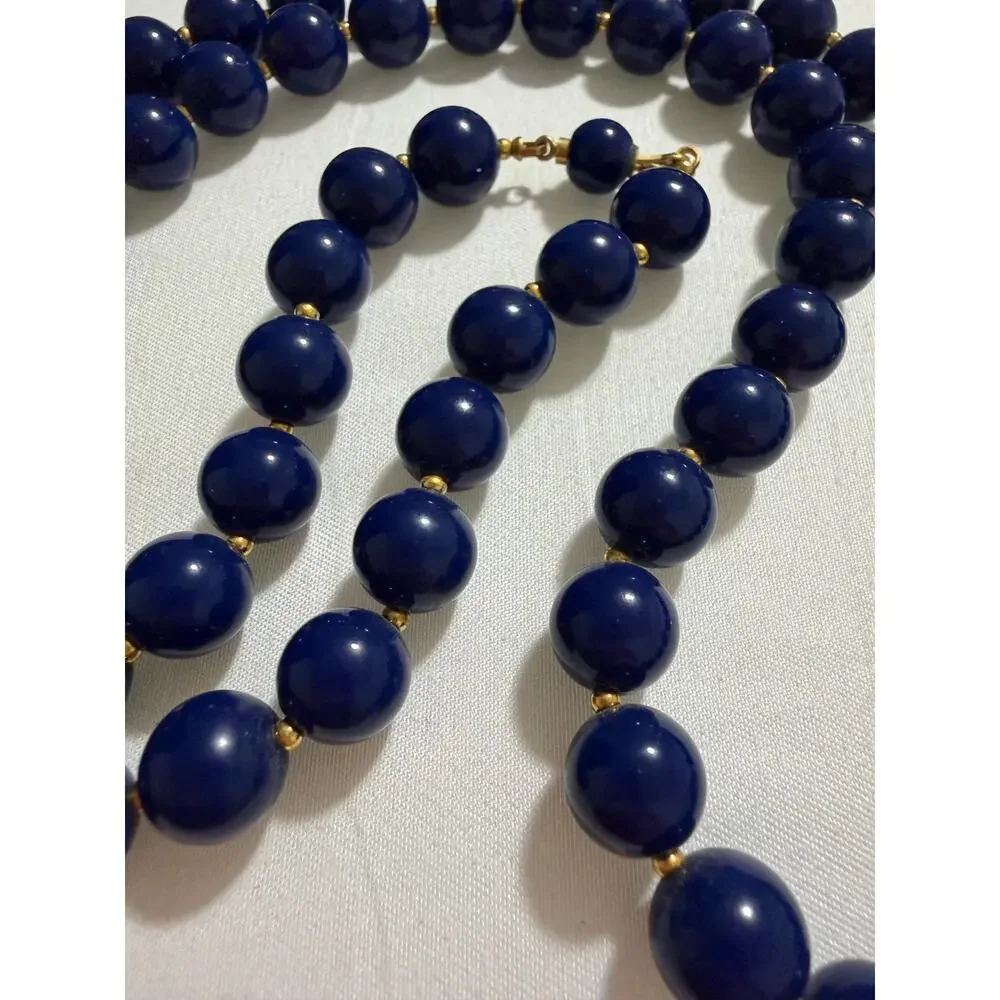 Vintage Navy Blue Beaded Necklace 28 Inch Strand Gold Tone Clasp Classic